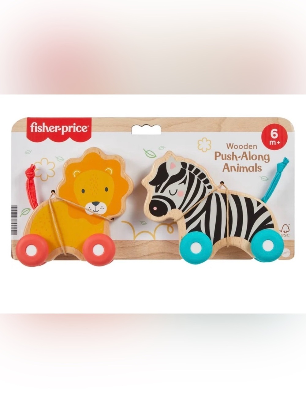 Fisher-Price Wooden Push Along Animals, Lion & Zebra Toy Vehicles for Infant